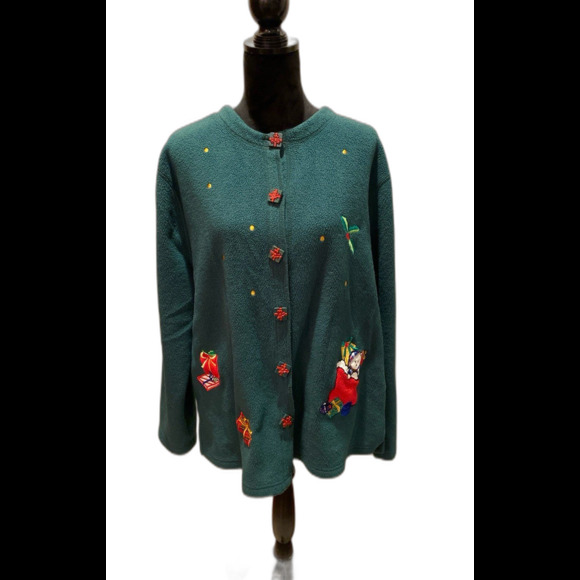 Vintage Fleece Green Jacket Unique Gift Buttons Appliqué Christmas Scene Sz 2X - Picture 1 of 10